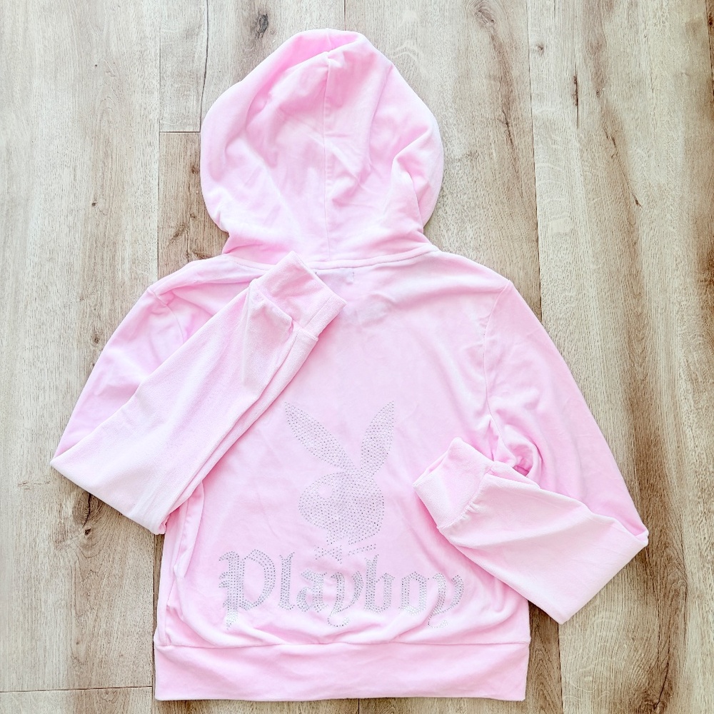 Playboy, Zip Up, Hoodie, Pink, Rhinestone, Velour, Loungewear, Size M, NEW - Picture 4 of 16